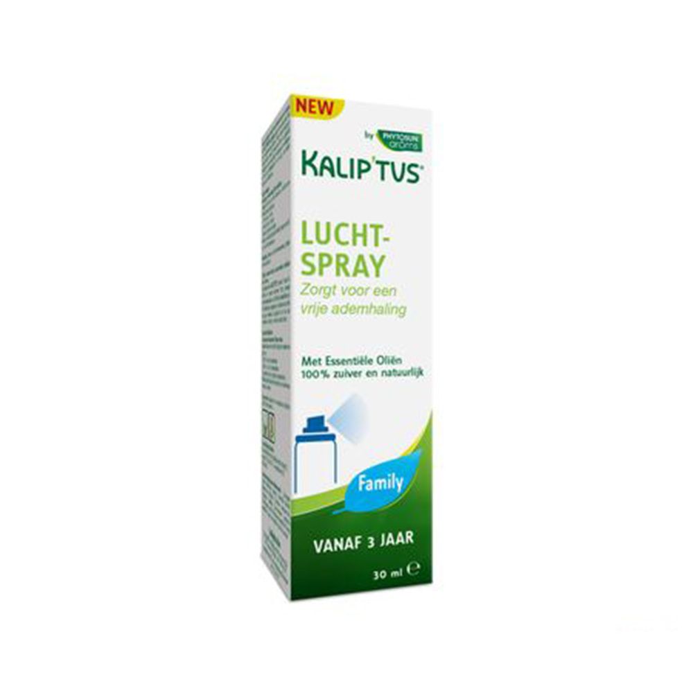 Productverpakking. Opschrift: KALIP'TUS, LUCHT-SPRAY, vanaf 3 jaar. Bevat essentiële oliën.