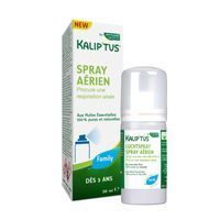 Product en verpakking. Witte spuitfles en doos. Opschrift: KALIP'TUS, SPRAY AÉRIEN, Dès 3 ans.