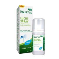 Product en verpakking. Witte spuitfles en doos. Opschrift: KALIP'TUS, LUCHT-SPRAY, vanaf 3 jaar.
