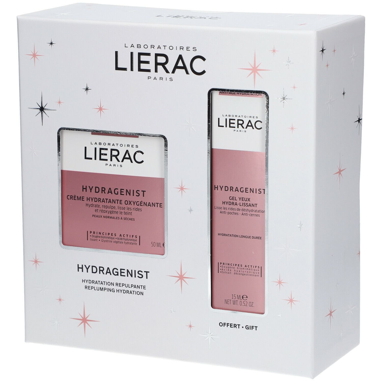 Geschenkverpakking Lierac Hydragenist. Witte doos met crème en ooggel. Opschrift Hydragenist.