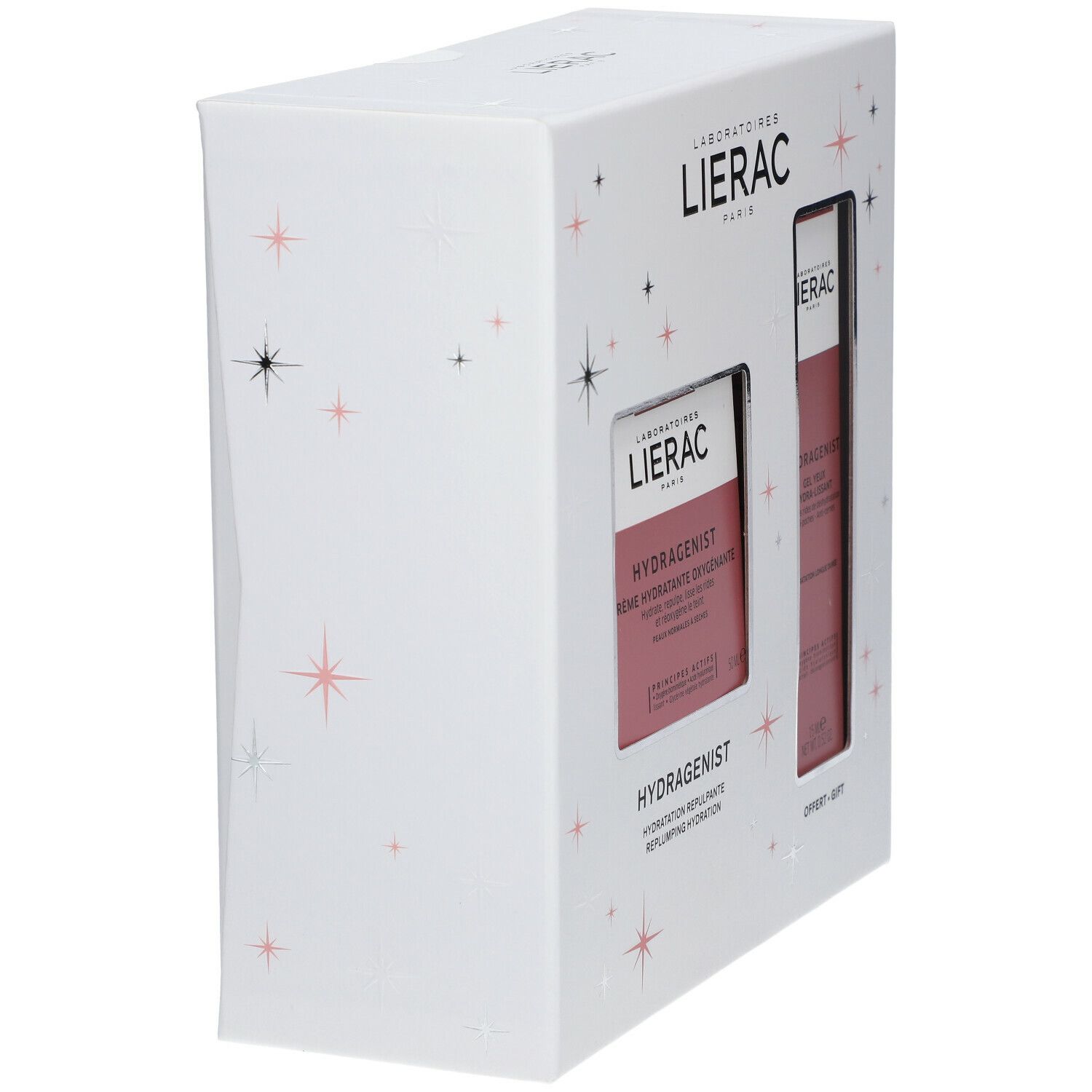 Zijaanzicht van de Lierac Hydragenist geschenkverpakking. Witte doos met sterren en productnaam.