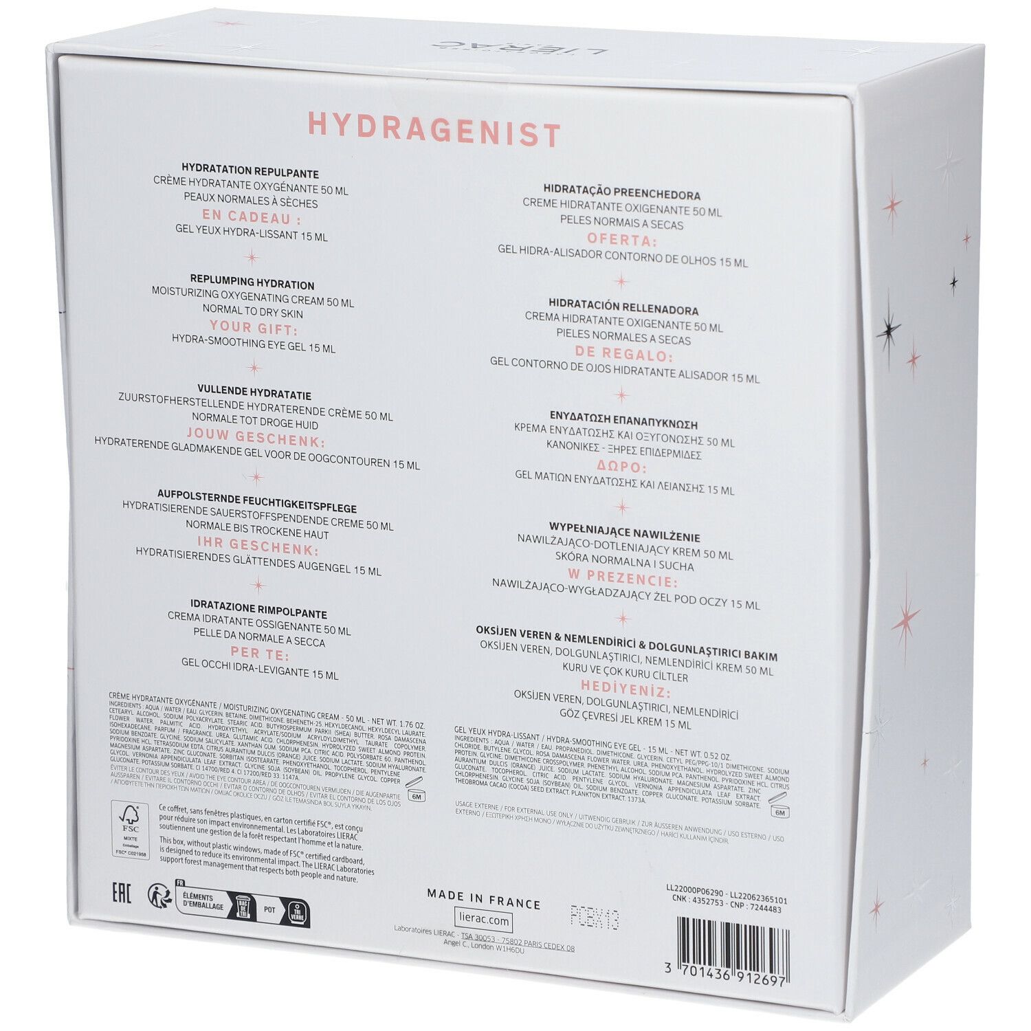 Achterkant van de Lierac Hydragenist geschenkverpakking. Meertalige tekst, productinformatie.