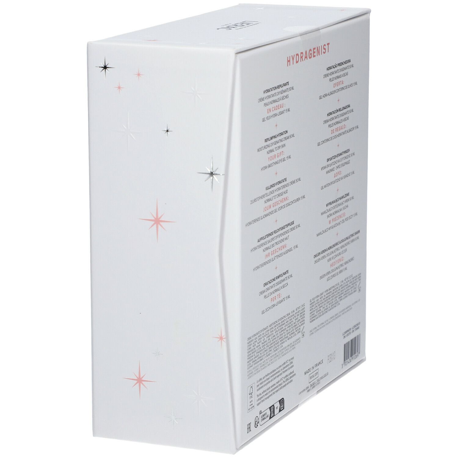 Zijaanzicht van de Lierac Hydragenist geschenkverpakking. Meertalige tekst, productinformatie.