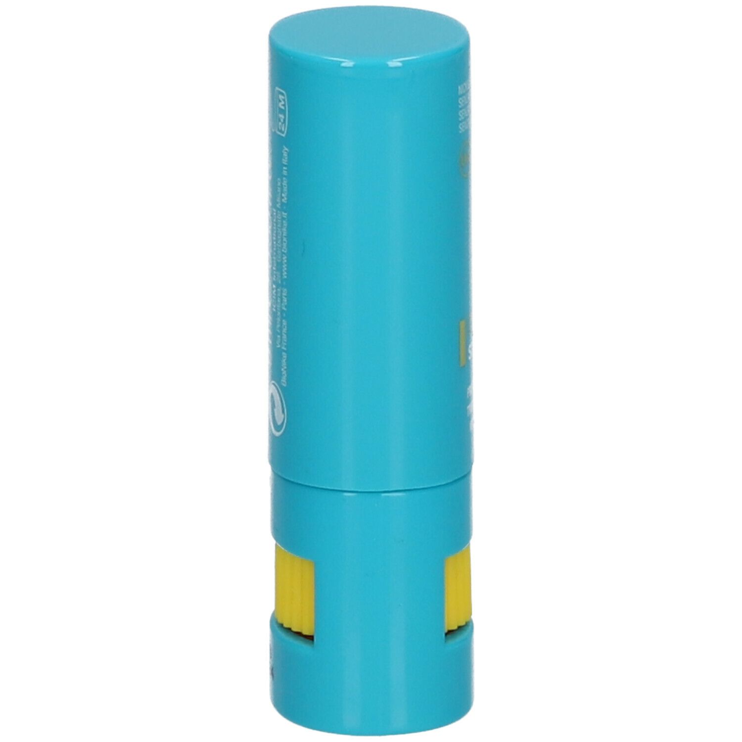 Blauwe stick met gele draaimechanisme. Opschrift niet zichtbaar. Bevat informatie over ingrediënten en fabrikant.