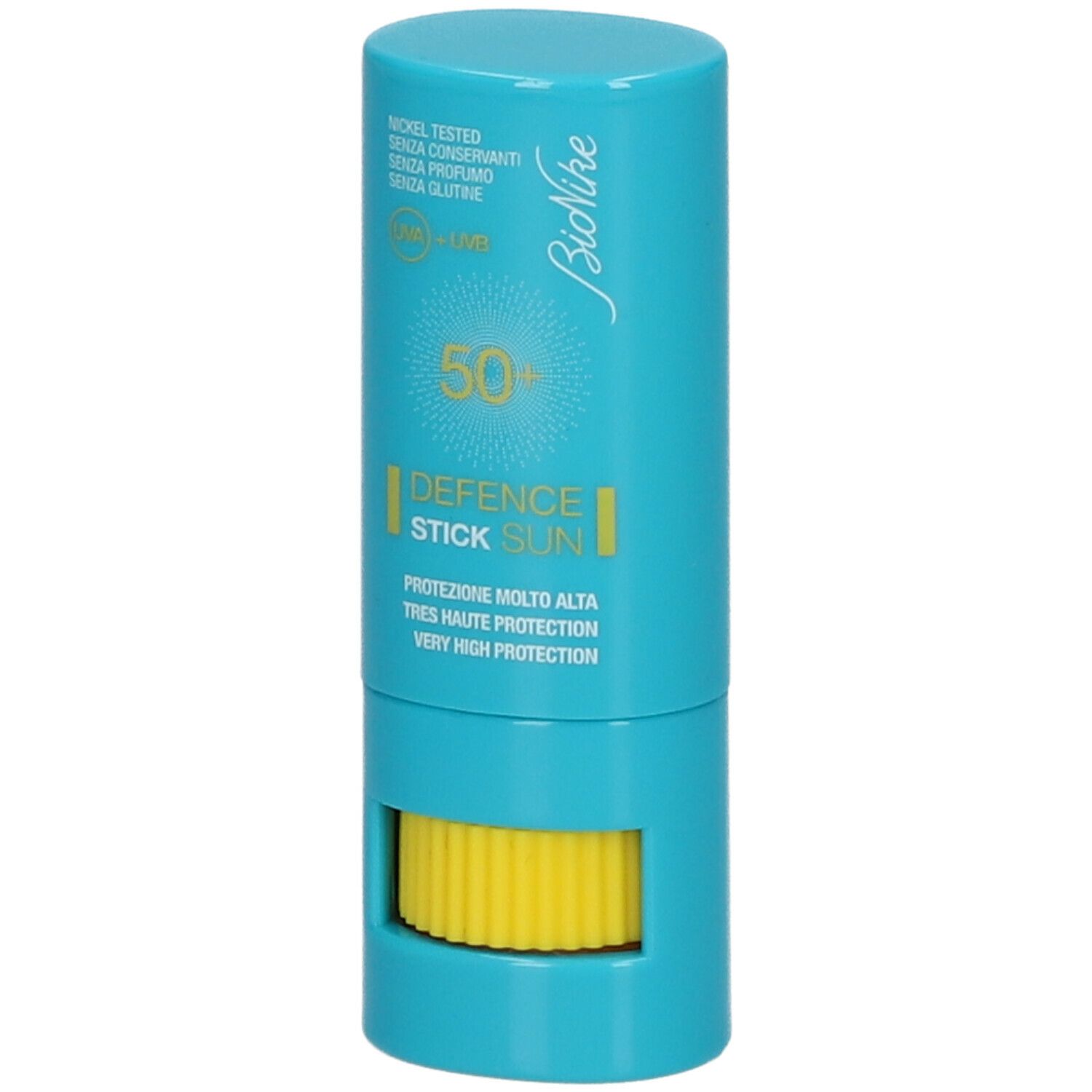 Blauwe stick met gele draaimechanisme. Opschrift: BioNike, DEFENCE SUN, 50+. Bevat informatie over bescherming en ingrediënten.