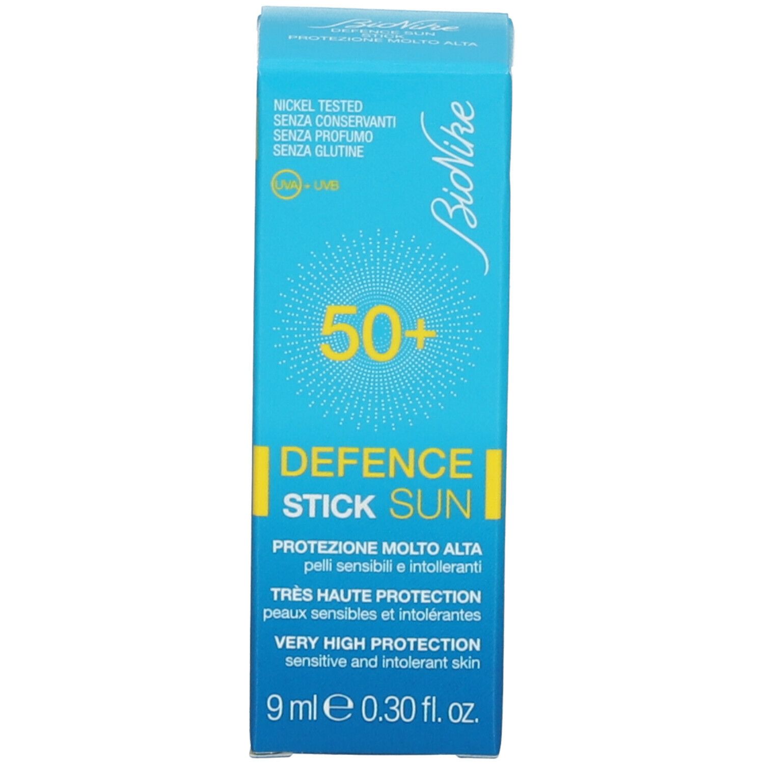 Blauwe doos met opschrift: BioNike, DEFENCE SUN, 50+. Bevat informatie over bescherming en ingrediënten. Product: Stick.
