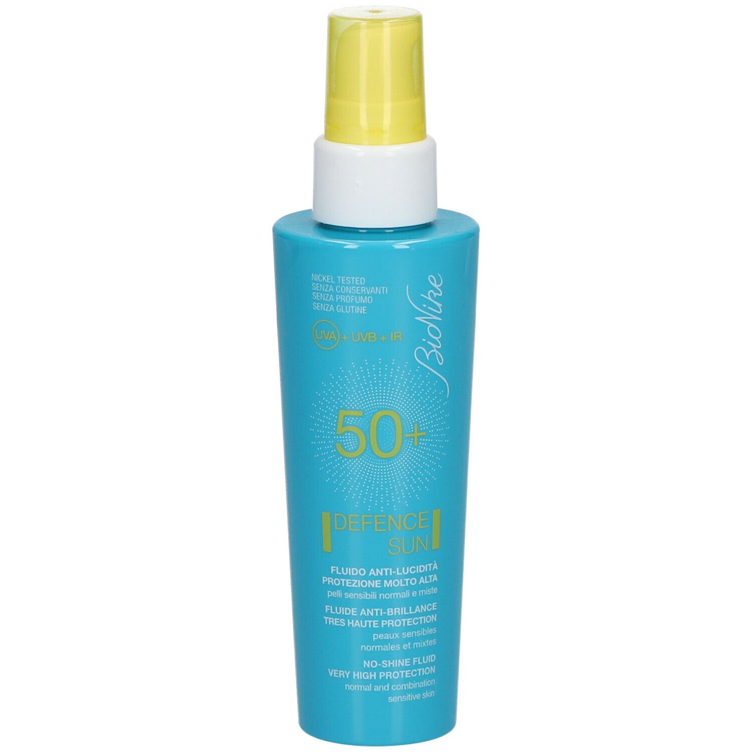 Turquoise fles met gele spraykop. Opschrift: Bionike, 50+, Defence Sun, Fluido Anti-Lucidità.