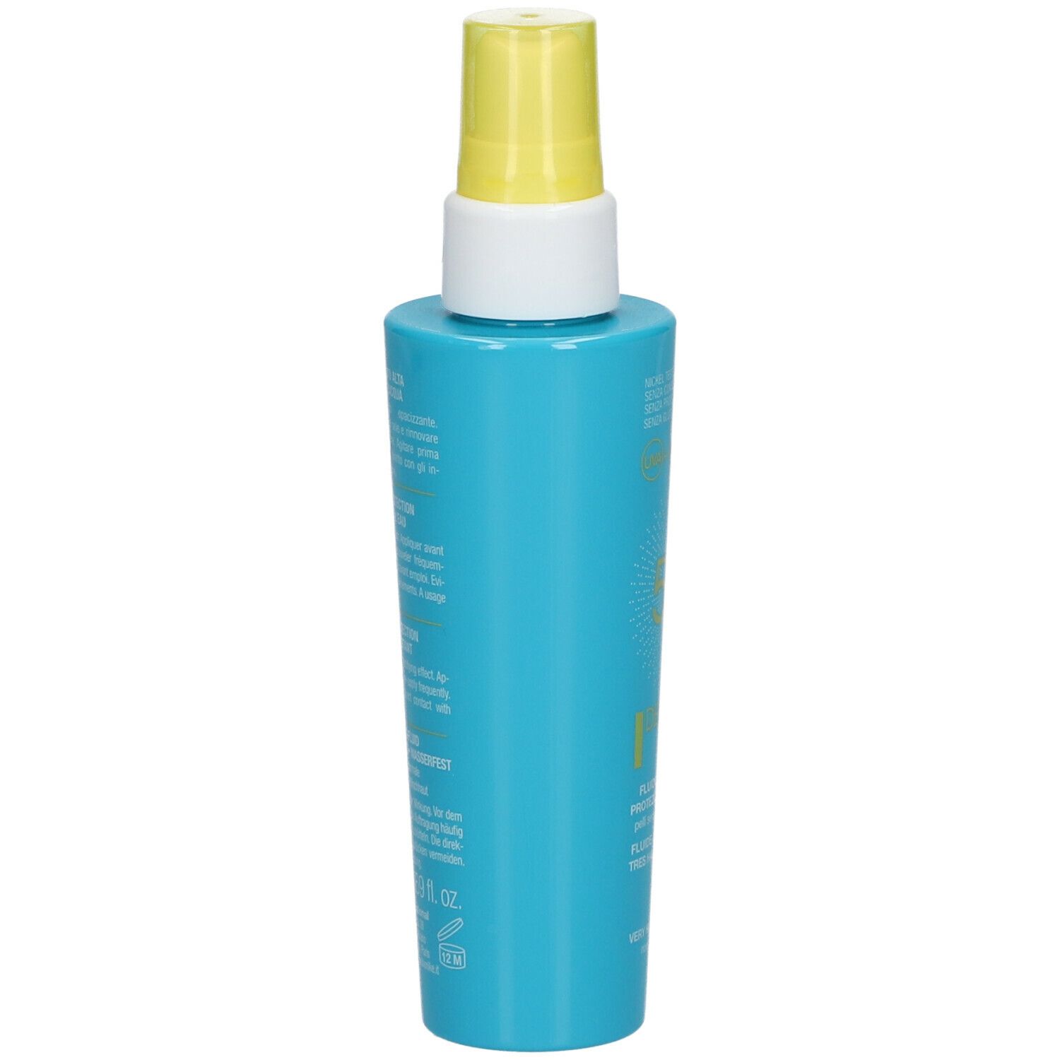 Turquoise fles met gele spraykop. Tekst in meerdere talen op de achterkant.