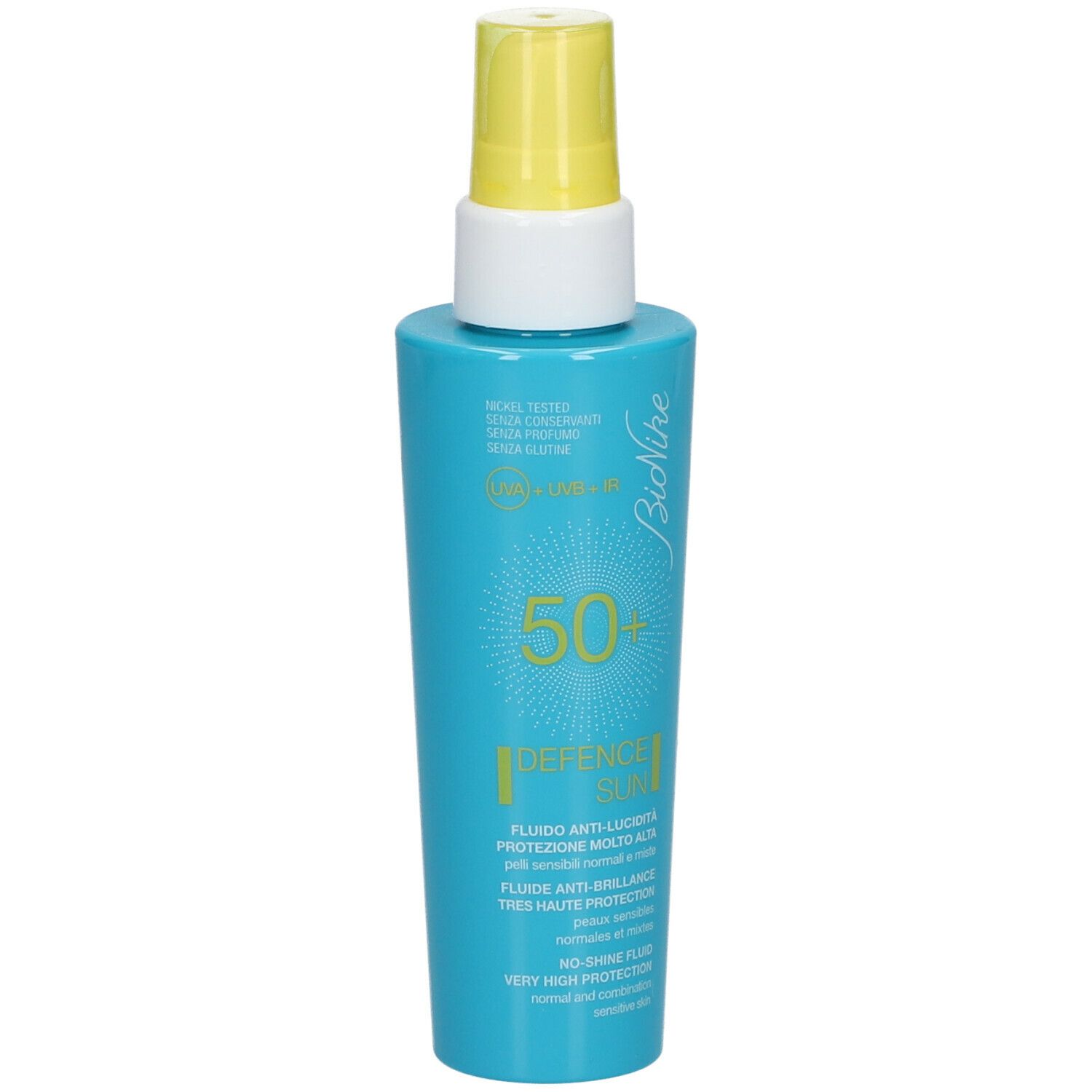 Turquoise fles met gele spraykop. Opschrift: Bionike, 50+, Defence Sun, Fluido Anti-Lucidità.
