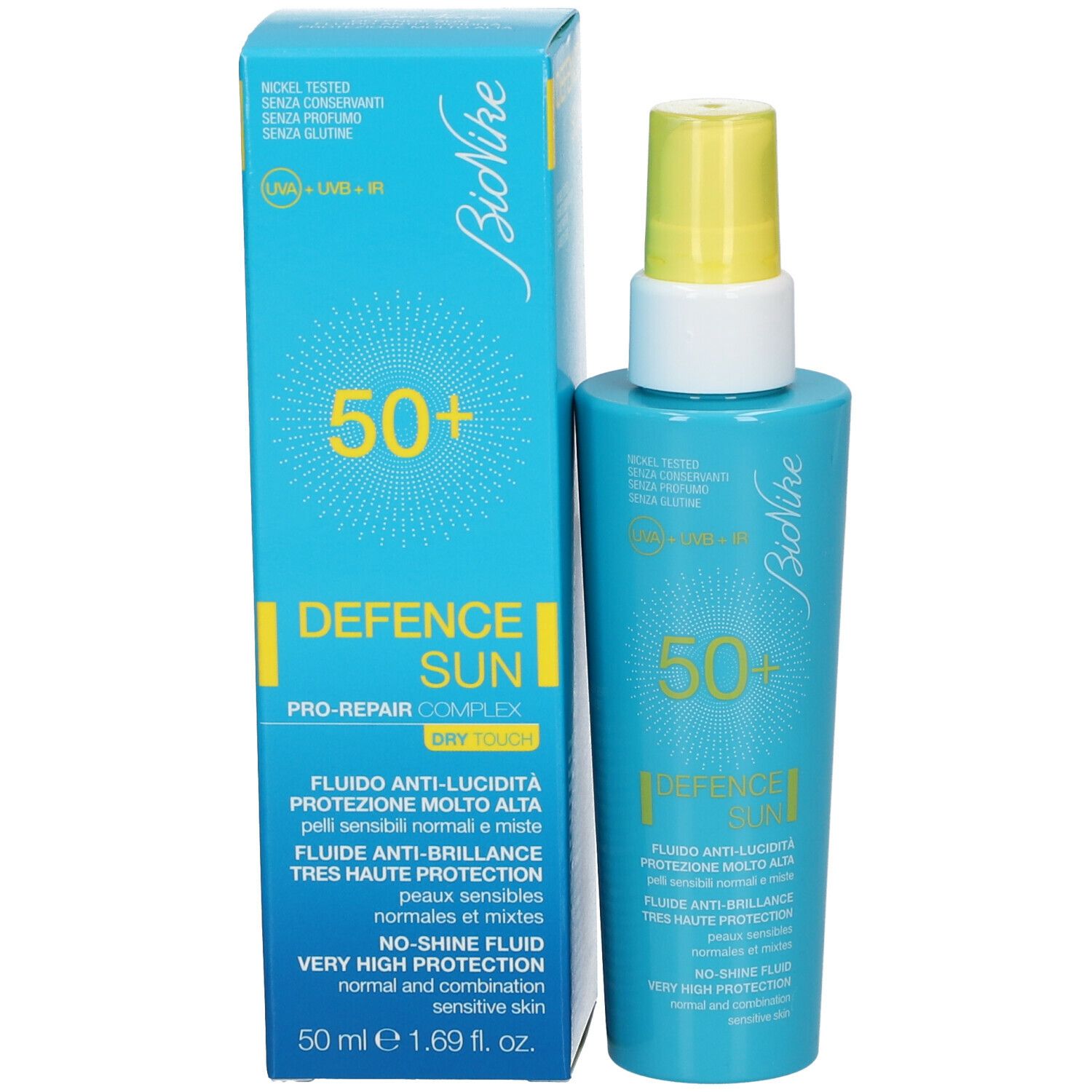 Product met verpakking. Turquoise fles en doos. Opschrift: Bionike, 50+, Defence Sun.