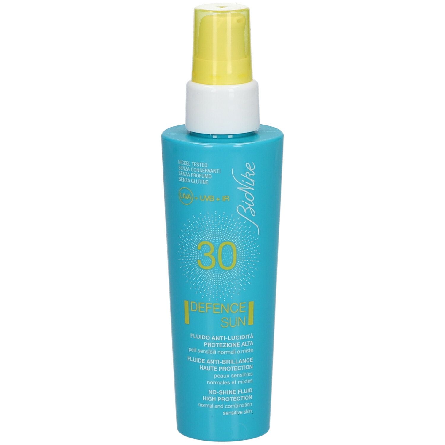 Flacon bleu turquoise avec vaporisateur jaune. Inscription : BioNike, SPF 30, DEFENCE SUN, fluide anti-brillance.