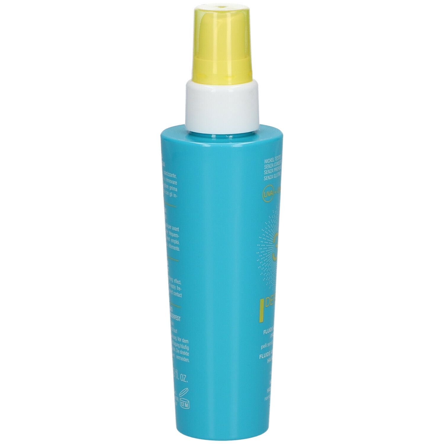 Flacon bleu turquoise avec vaporisateur jaune. Dos avec texte en plusieurs langues.