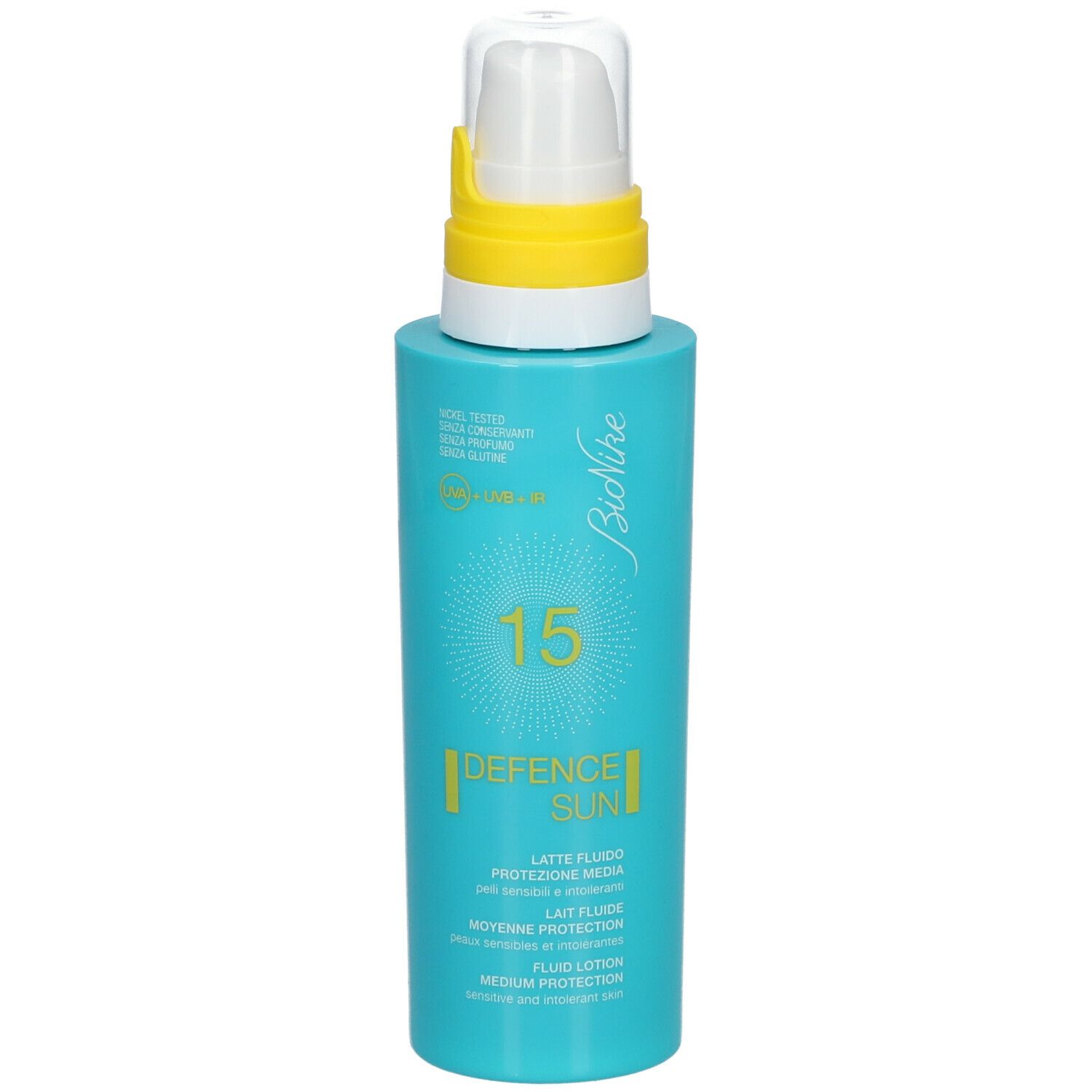 Flacon bleu turquoise avec pompe jaune. Inscription: 15, DEFENCE SUN, Lait Fluide, Protection Moyenne, Fluid Lotion.