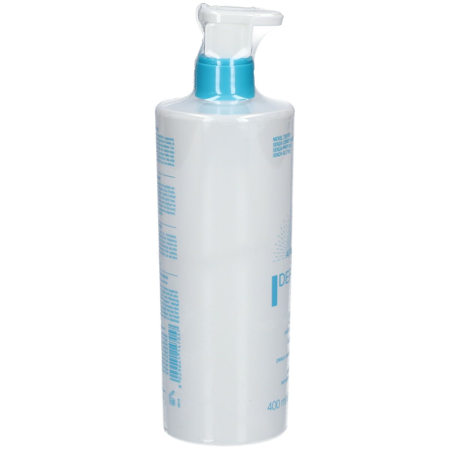 Flacon blanc avec pompe bleue. Texte et marque BioNike sur le côté. 400 ml. Emballage.