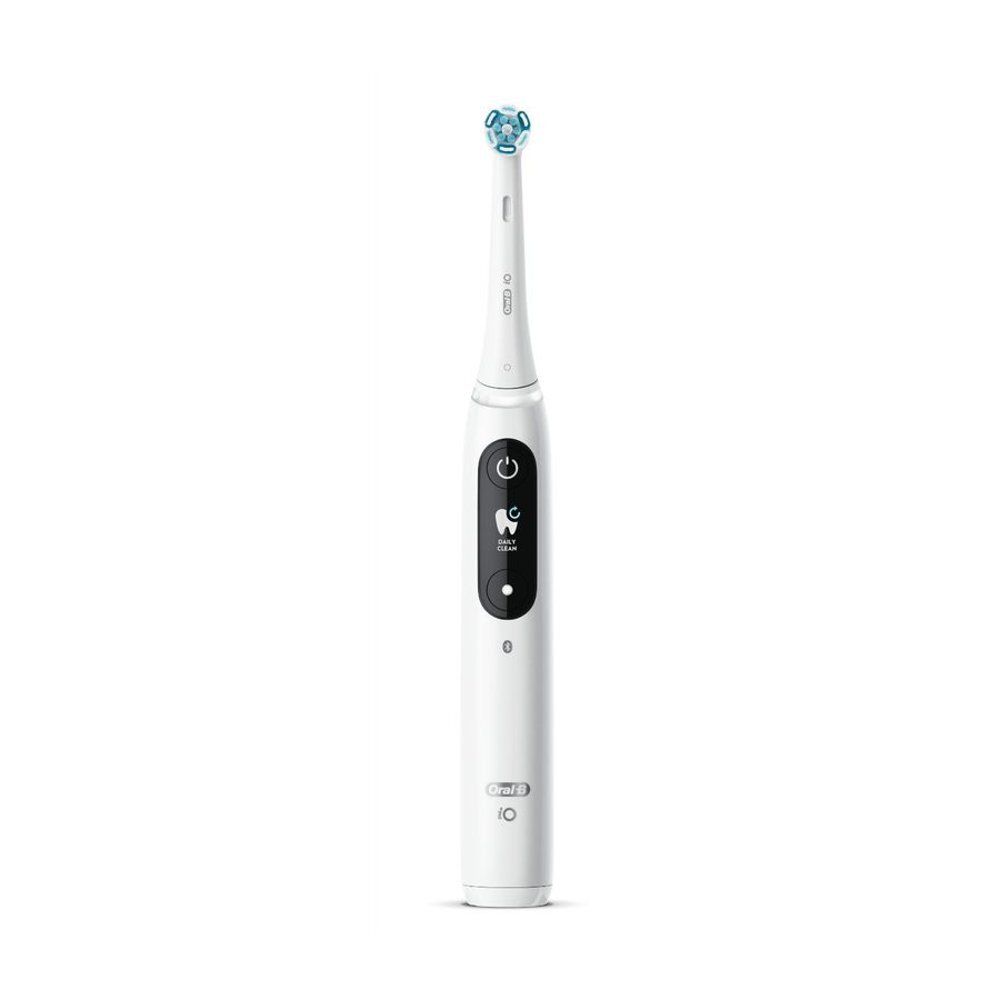 Witte elektrische tandenborstel Oral-B iO. Ronde borstelkop, digitaal display. Witte steel.
