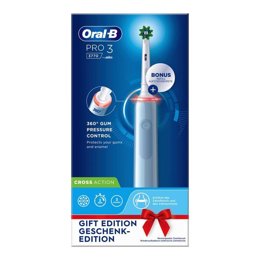 Brosse à dents électrique Oral-B Pro 3, bleue, avec tête verte. Emballage cadeau avec texte. Comprend une recharge supplémentaire.