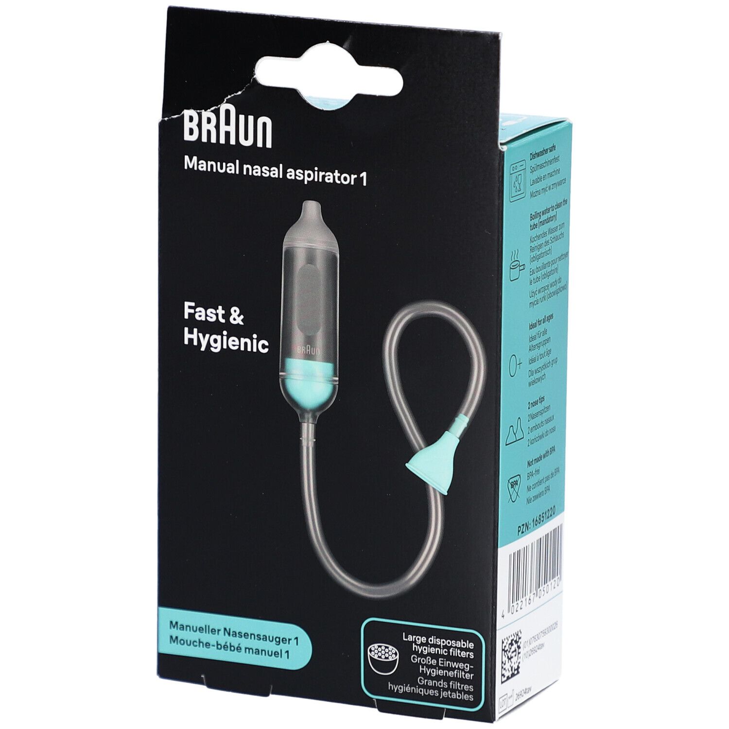 Emballage de l'aspirateur nasal manuel Braun. Texte: Aspirateur nasal manuel 1. Avec accessoires. Rapide et hygiénique.