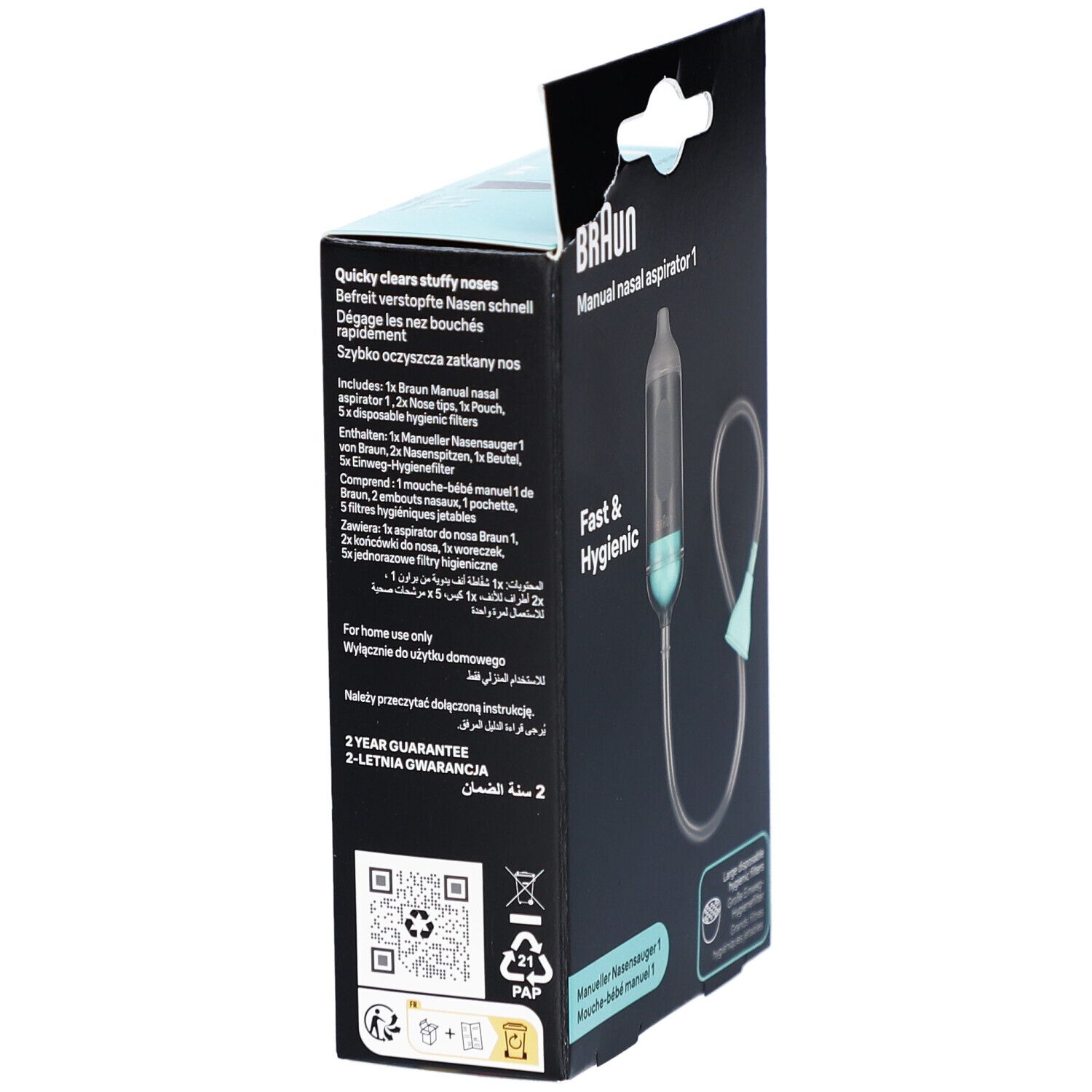 Emballage de l'aspirateur nasal Braun. Texte: Dégage rapidement les nez bouchés. Contient: Aspirateur, filtres. Garantie 2 ans.