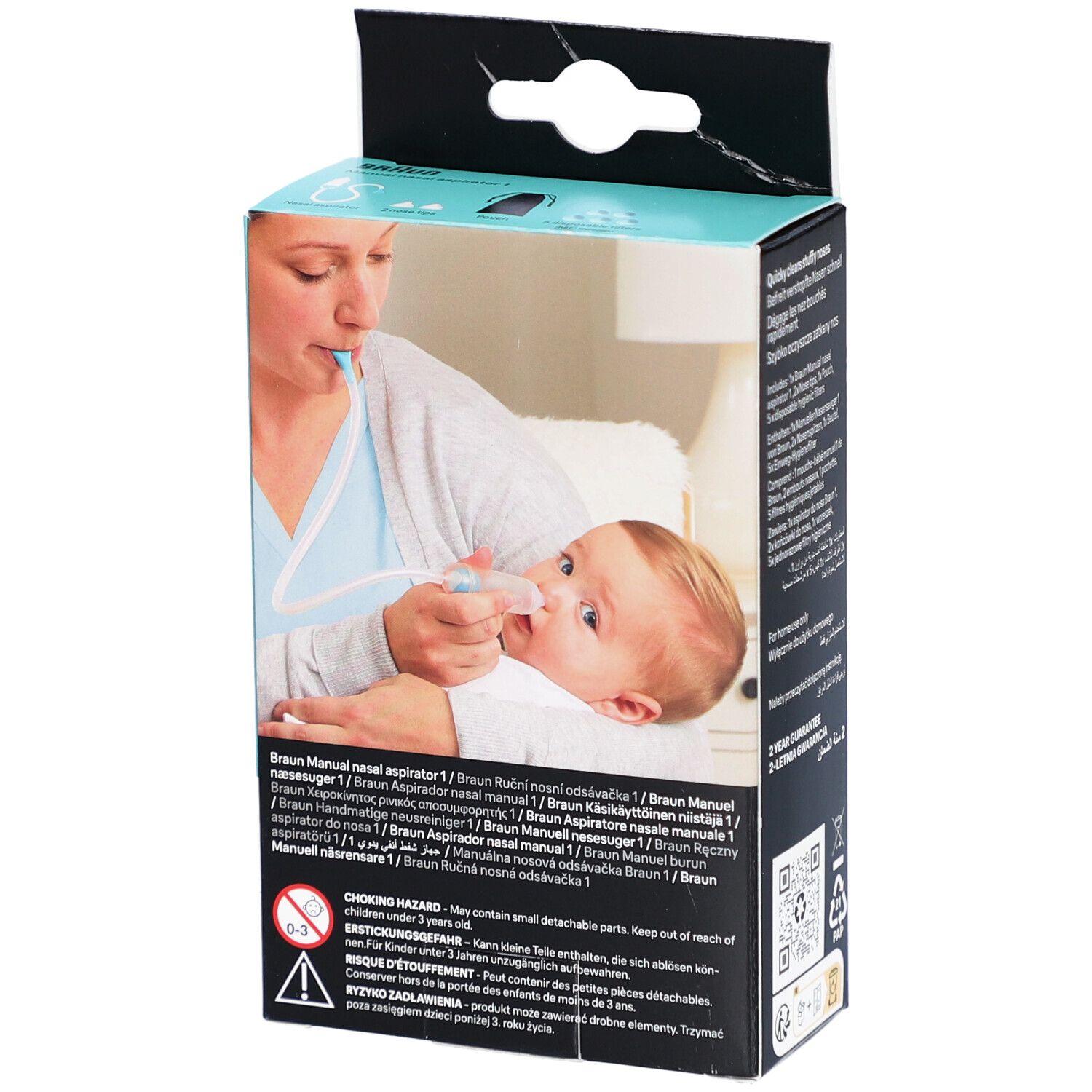 Dos de l'emballage de l'aspirateur nasal Braun. Une femme utilise le produit sur un bébé. Avertissements.