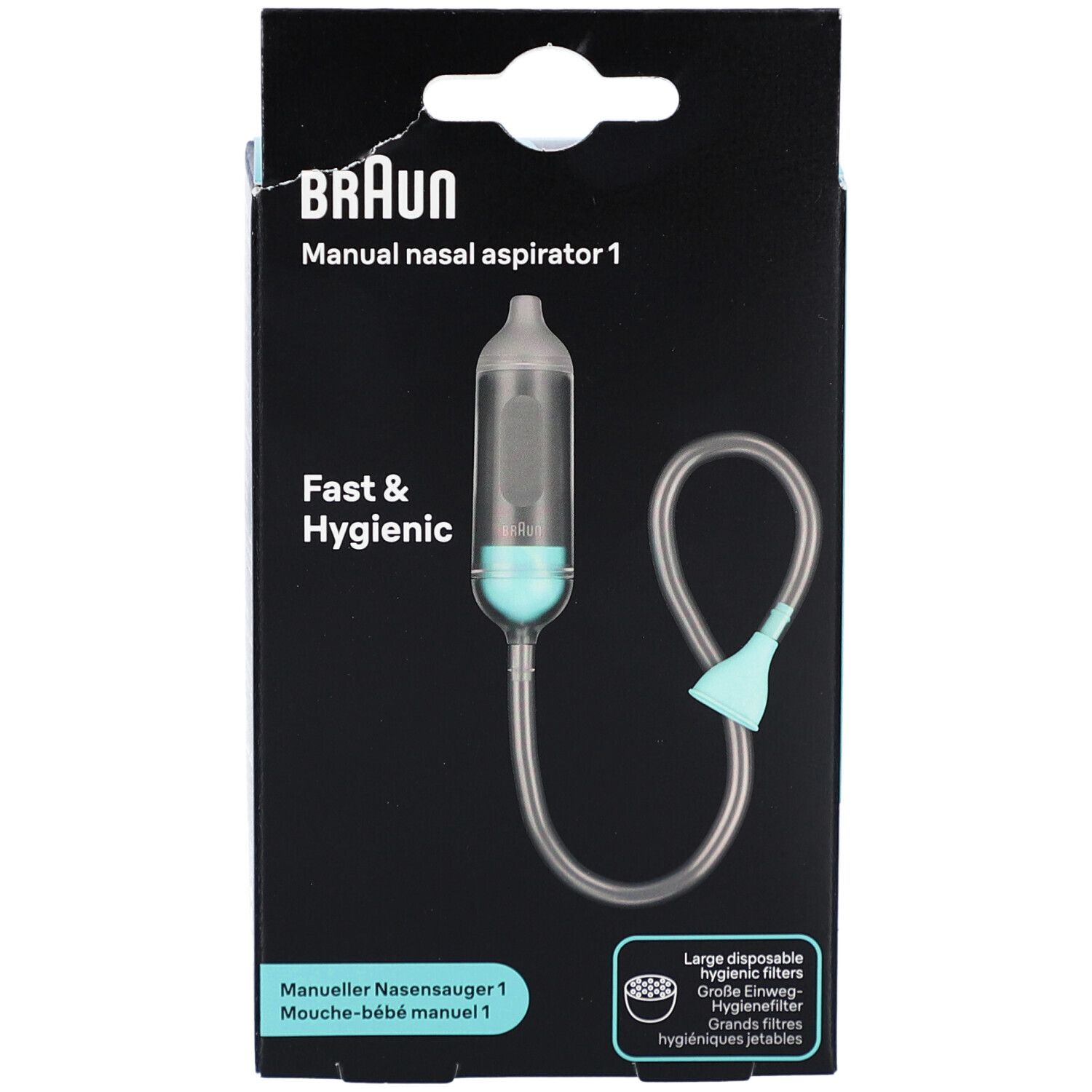 Emballage de l'aspirateur nasal manuel Braun. Texte: Aspirateur nasal manuel 1. Avec accessoires. Rapide et hygiénique.