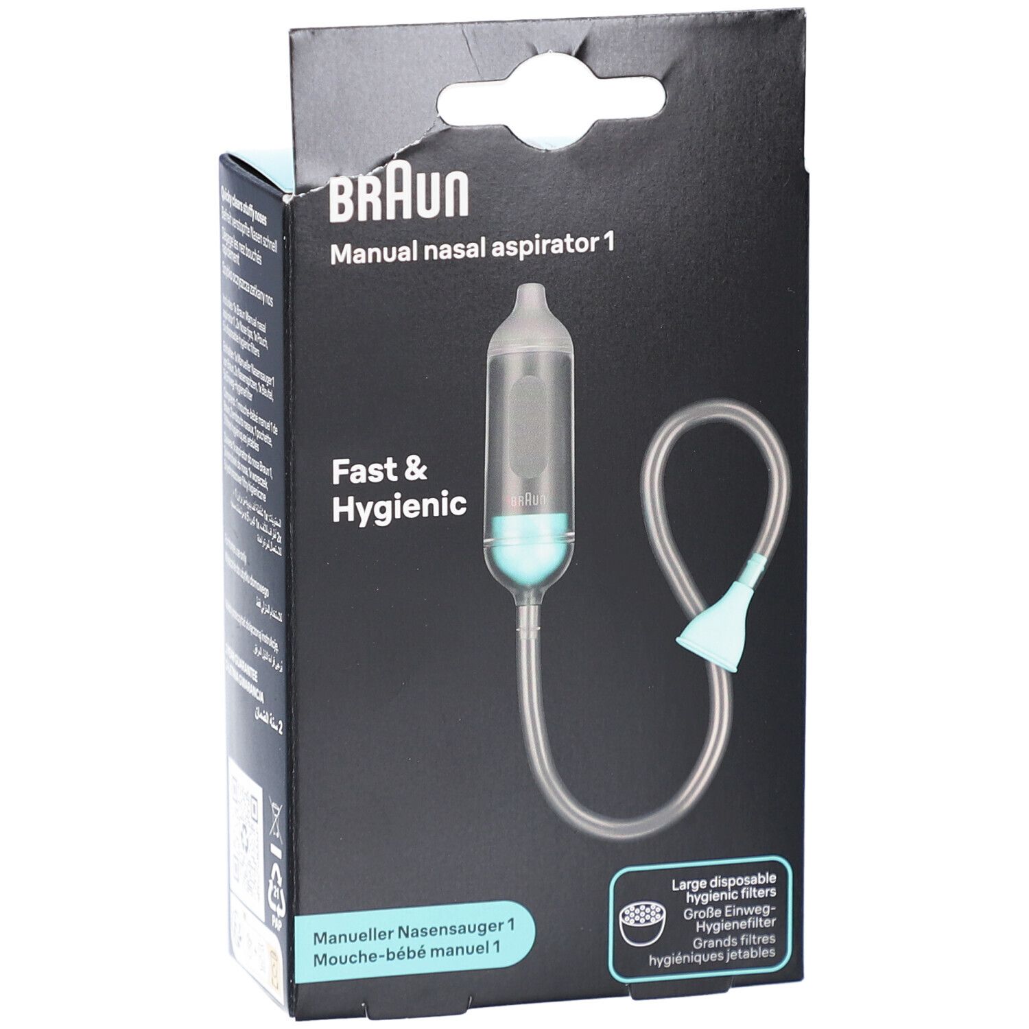 Emballage de l'aspirateur nasal manuel Braun. Texte: Aspirateur nasal manuel 1. Avec accessoires. Rapide et hygiénique.