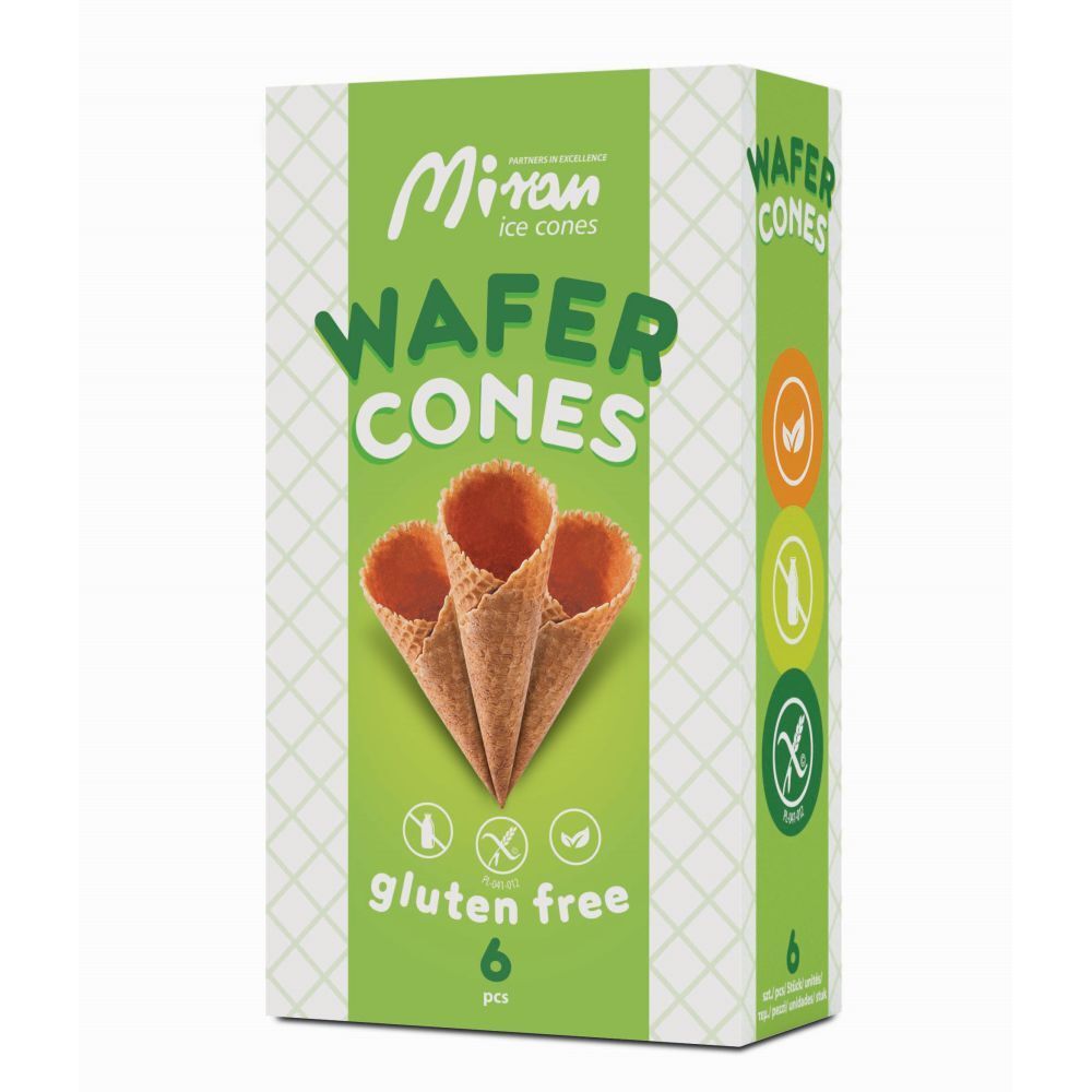 Verpakking met wafelhoorntjes. Opschrift: Miran, WAFEL CONES, glutenvrij, 6 stuks. Drie wafelhoorntjes zichtbaar.