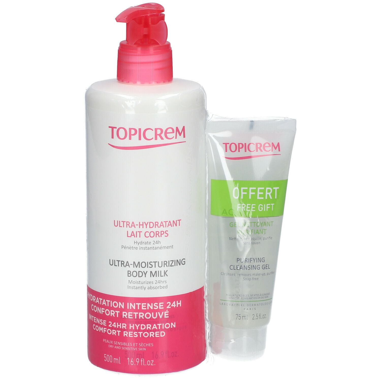 Flacon blanc avec bouchon pompe rouge et tube. Inscription : Topicrem, Ultra-Hydratant Lait Corps, Ultra-Moisturizing Body Milk, GRATUIT.