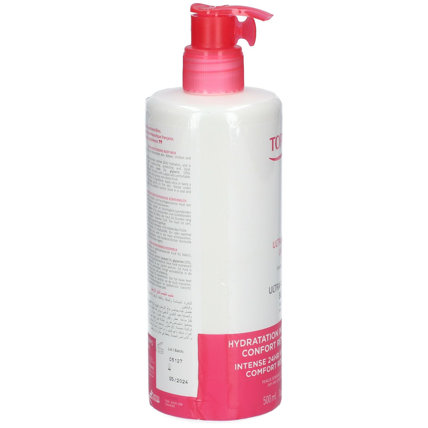 Dos d'un flacon blanc avec bouchon pompe rouge. Inscription : Topicrem, Ultra-Hydratant Lait Corps, Ultra-Moisturizing Body Milk. Texte.