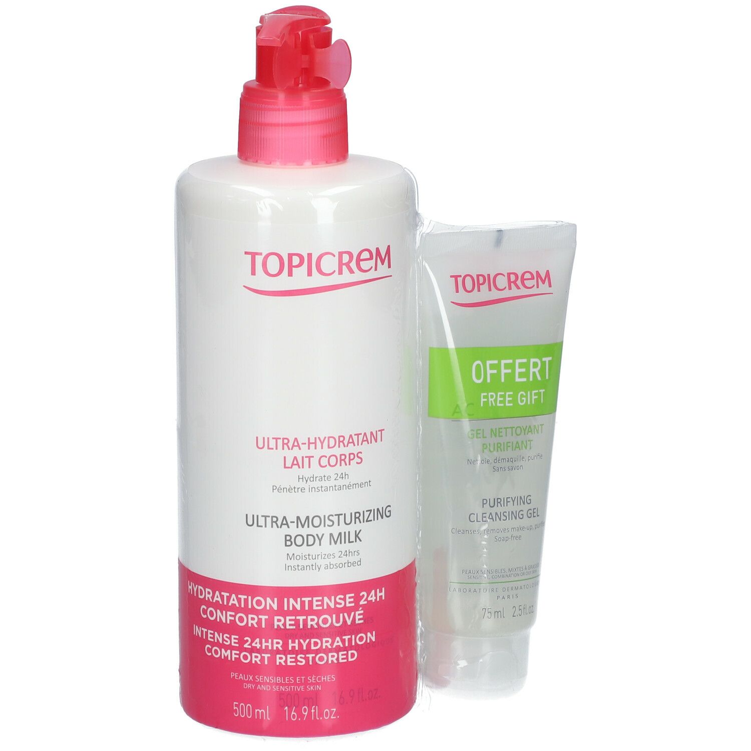 Flacon blanc avec bouchon pompe rouge et tube. Inscription : Topicrem, Ultra-Hydratant Lait Corps, Ultra-Moisturizing Body Milk, GRATUIT.