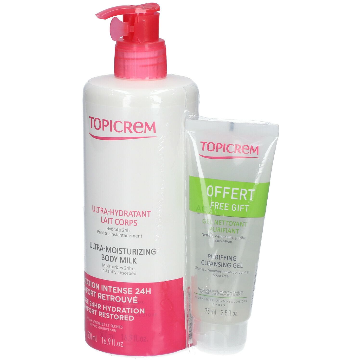 Flacon blanc avec bouchon pompe rouge et tube. Inscription : Topicrem, Ultra-Hydratant Lait Corps, Ultra-Moisturizing Body Milk, GRATUIT.