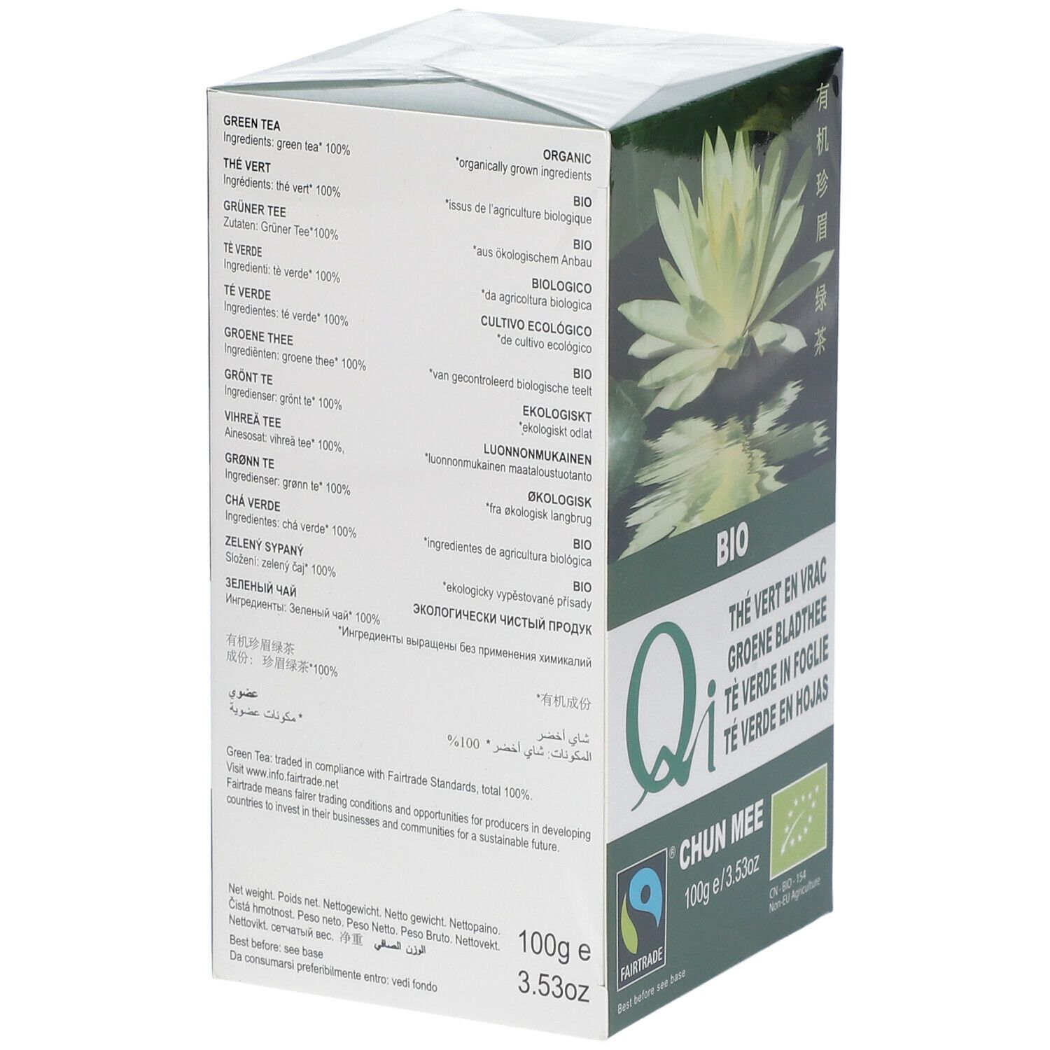 Verpakking groene thee. Meertalige tekst. Opschrift: Qi Chun Mee, Bio, Fairtrade.