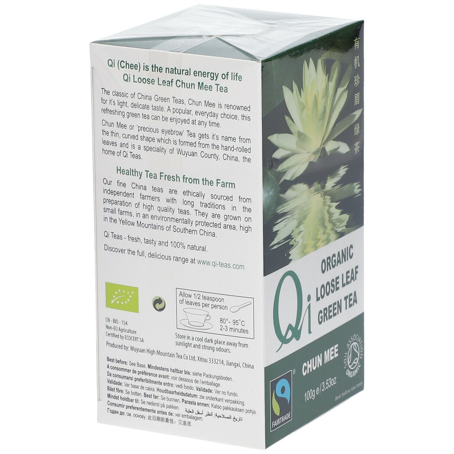 Verpakking losse groene thee. Opschrift: Qi, Chun Mee, Bio, Fairtrade. Engelse tekst.