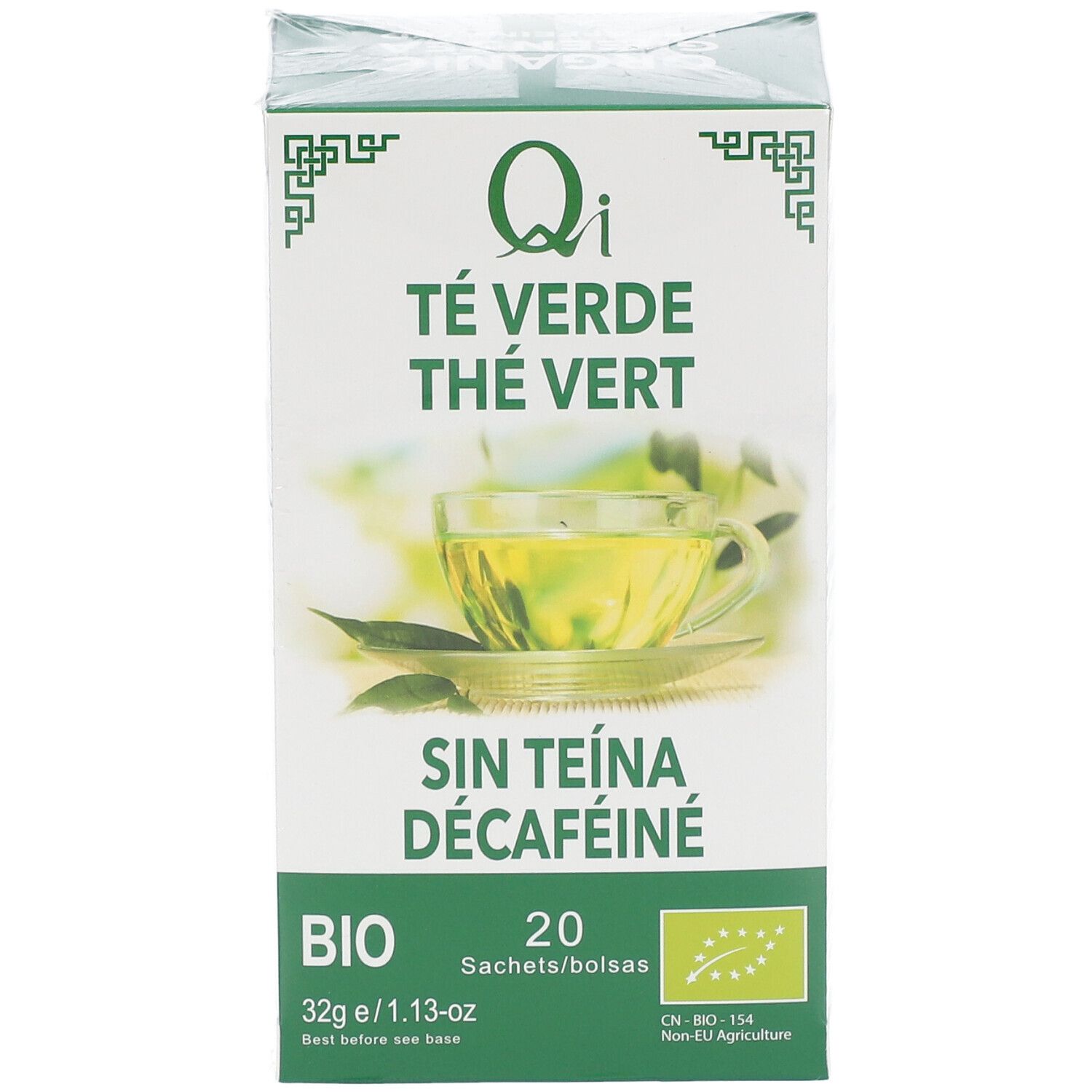 Doos Qi Thé Vert sans Caféine. Opschrift: Té Verde Thé Vert, Sin Teína Décafeiné, BIO, 20 Sachets/bolsas, 32g e/1.13-oz. Biologische certificering.