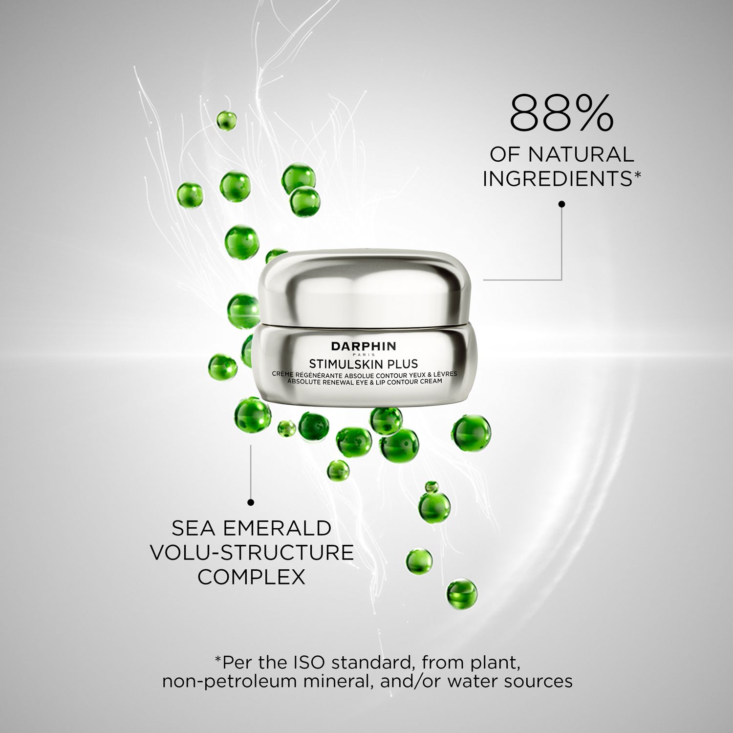 Crèmepot met zilverkleurig deksel, omringd door groene, bolvormige elementen. Tekst: "88% OF NATURAL INGREDIENTS".