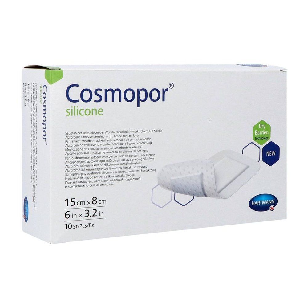 Verpakking van Cosmopor® Silicone. Afmeting: 15 cm x 8 cm, 10 stuks. Merk: Hartmann. Productnaam en logo duidelijk zichtbaar.