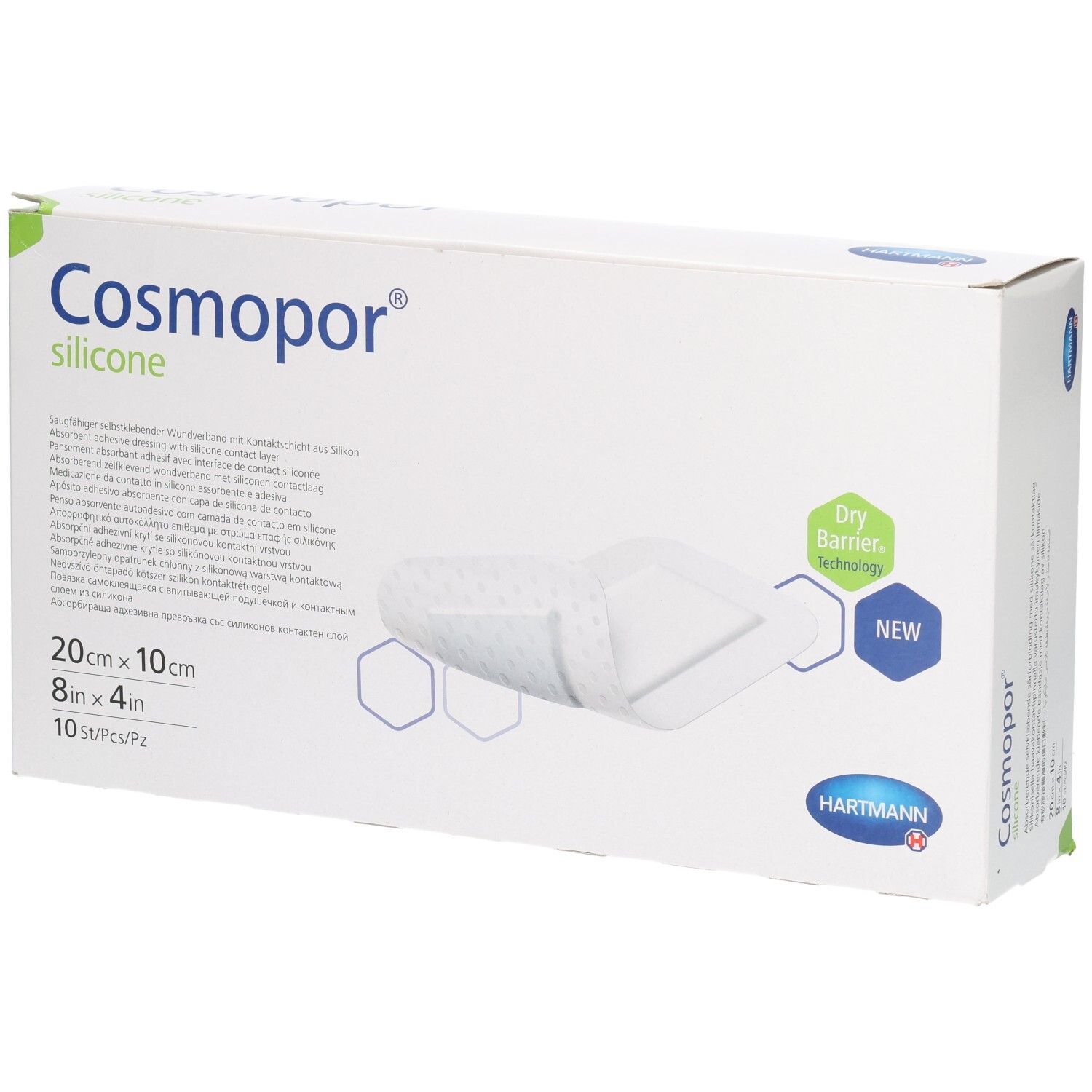 Cosmopor siliconen wondverband 20x10cm, steriel, in een witte kartonnen doos.