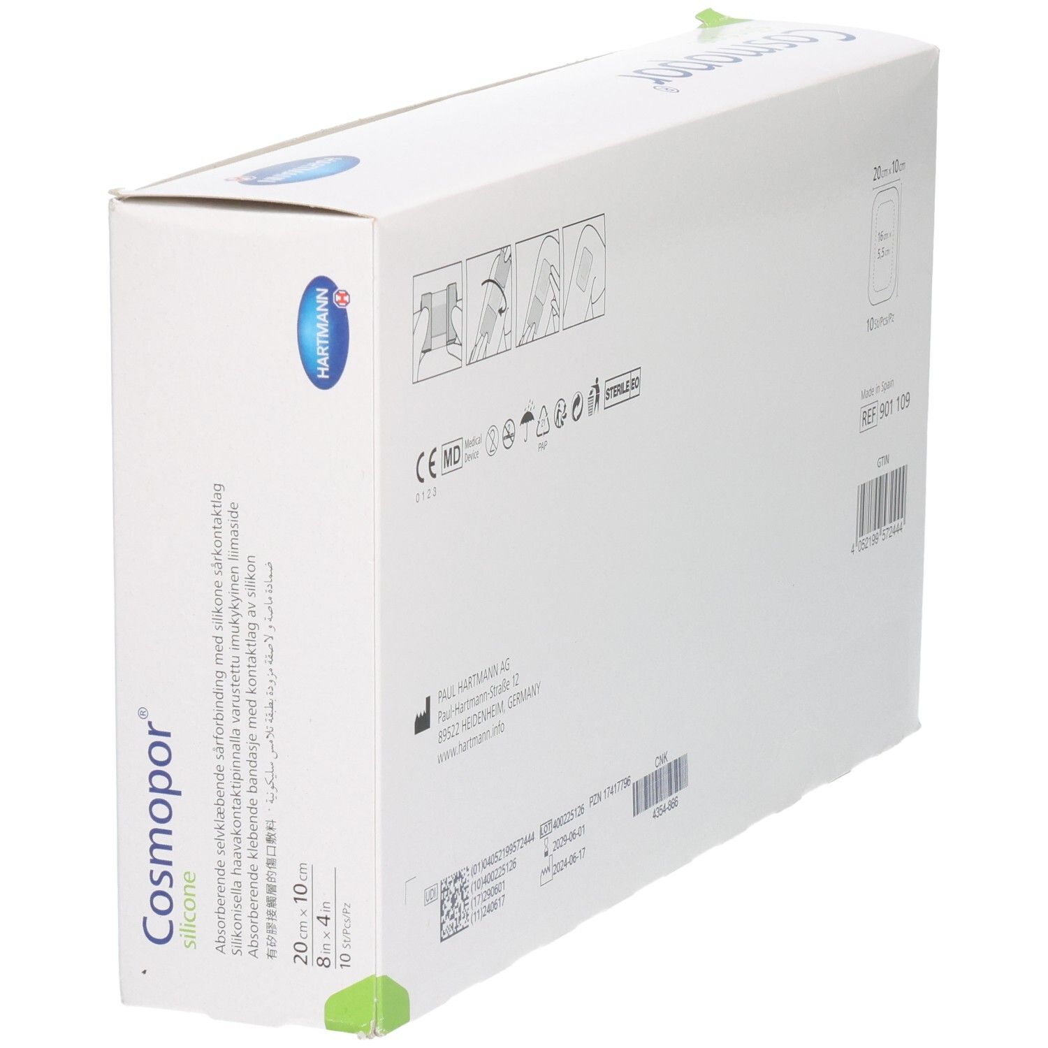 Verpakking 'Cosmopor silicone' met absorberend verband, 20x10 cm.