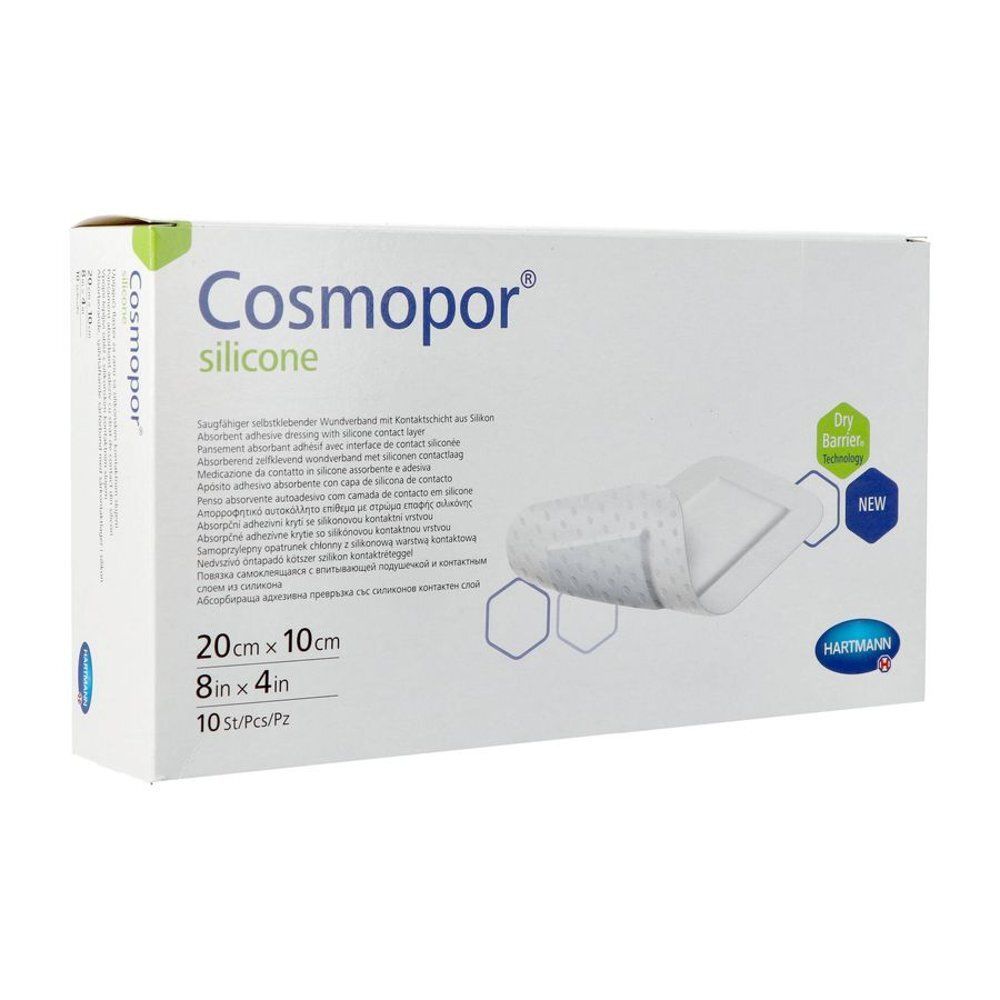 Hartmann Cosmopor Silicone doos. Bevat 10 steriele verbanden. Afmetingen: 20cm x 10cm. Met productinformatie.