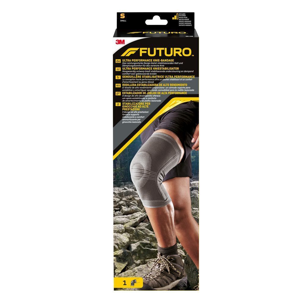 Genouillère 3M™ Futuro™, grise. Emballage avec image du produit et indications de taille. Taille S.