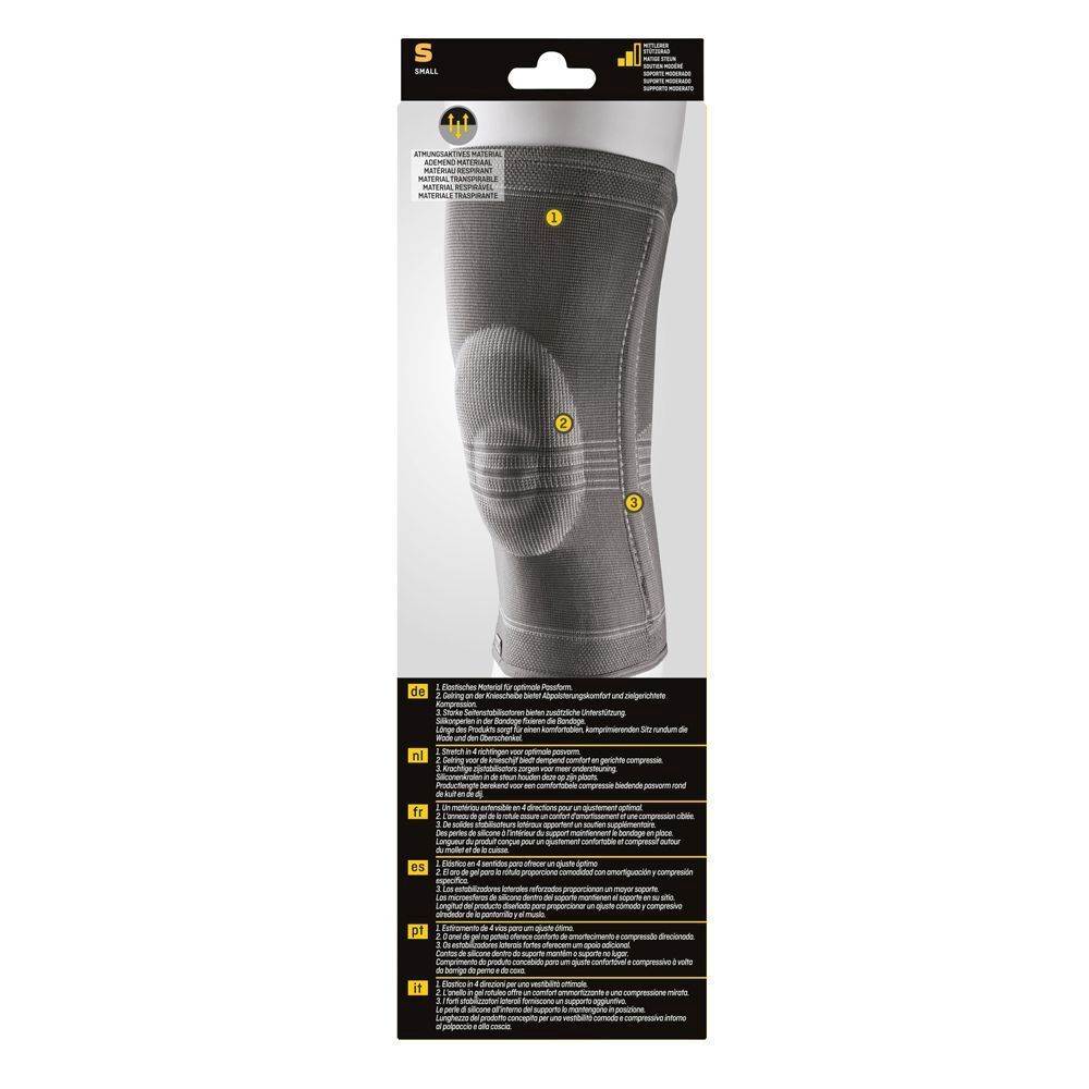 Genouillère 3M™ Futuro™, grise. Emballage avec image du produit et indications de taille. Taille S.