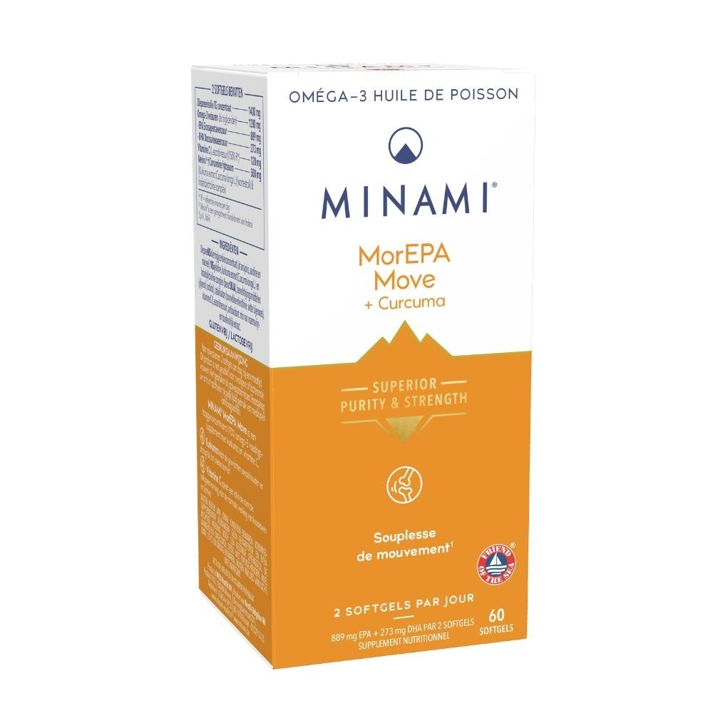 Bouteille Minami MorEPA Move + Curcuma de 60 softgels.