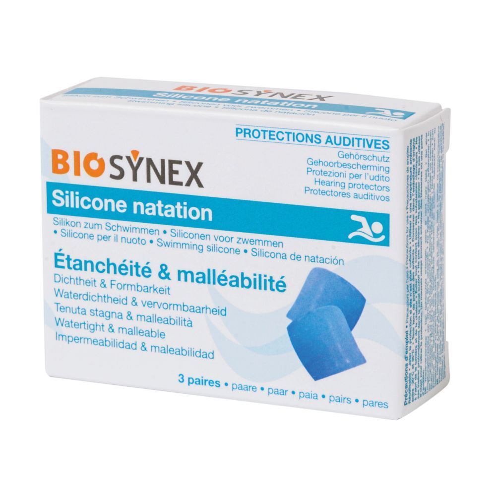 Verpakking met gehoorbescherming. Blauwe siliconen oordopjes. Tekst: BIO-SYNEX, Silicone natation, 3 paar. Meertalige opschriften.