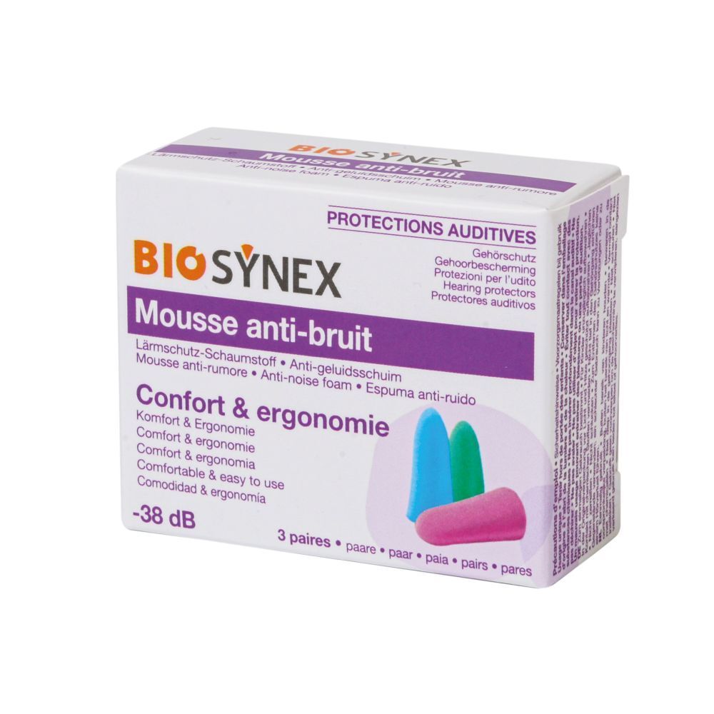 Verpakking met gehoorbeschermingsschuim. Bevat drie paar gekleurde oordopjes. Opschrift: Biosynex, Mousse anti-bruit.