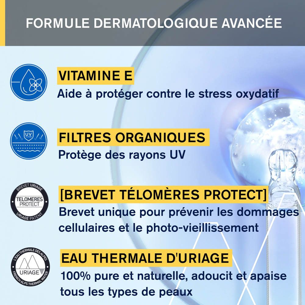 Graphique avec texte : Développé par des dermatologues, adapté aux peaux sensibles, résistant à l'eau, sans parfum, ne pique pas les yeux.