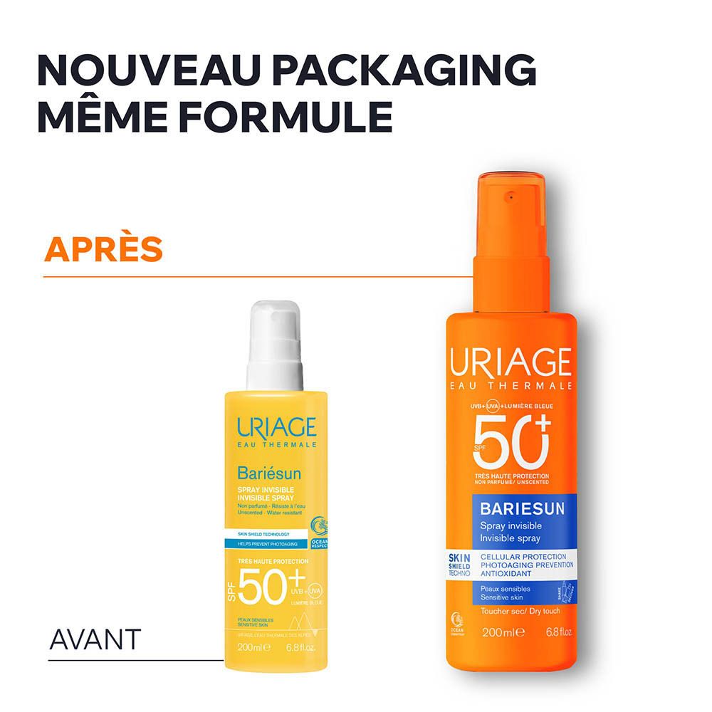 Flacon spray orange. Uriage, 50+ et BARIÉSUN. Spray invisible. Pour peaux sensibles.