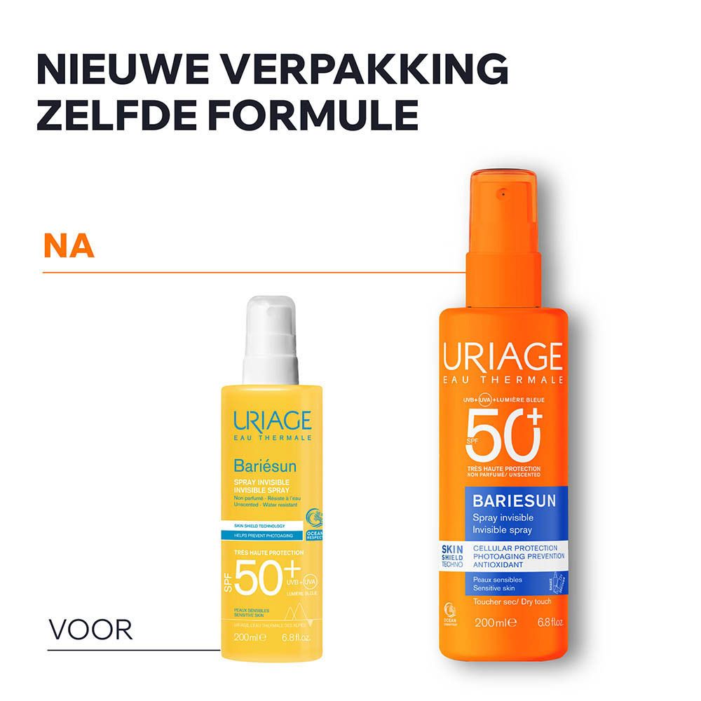Oranje sprayfles. Uriage, 50+ en BARIÉSUN. Onzichtbare spray. Voor gevoelige huid.