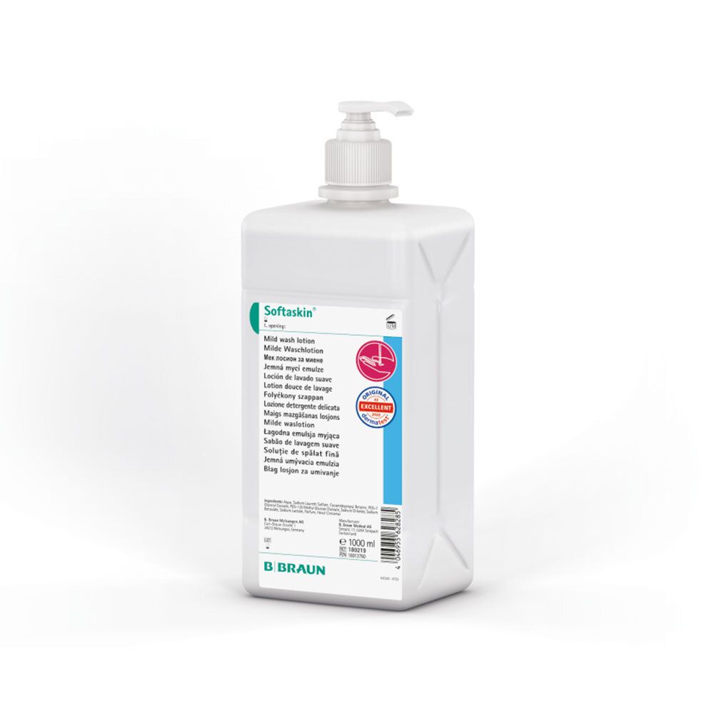 Distributeur blanc Softaskin. Contient une lotion lavante douce. Avec pompe doseuse et certifications vertes.