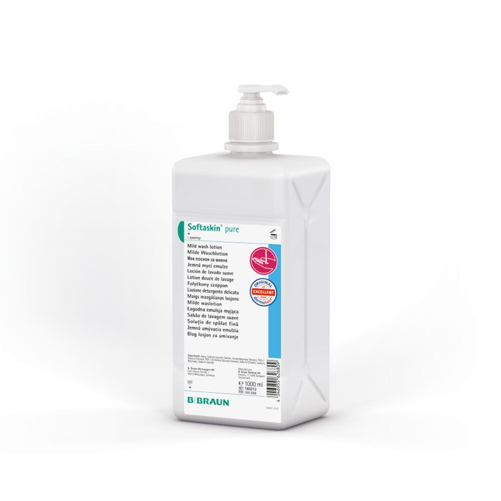 Flacon blanc Softaskin pure avec pompe. Étiquette avec informations produit et sceau de qualité.