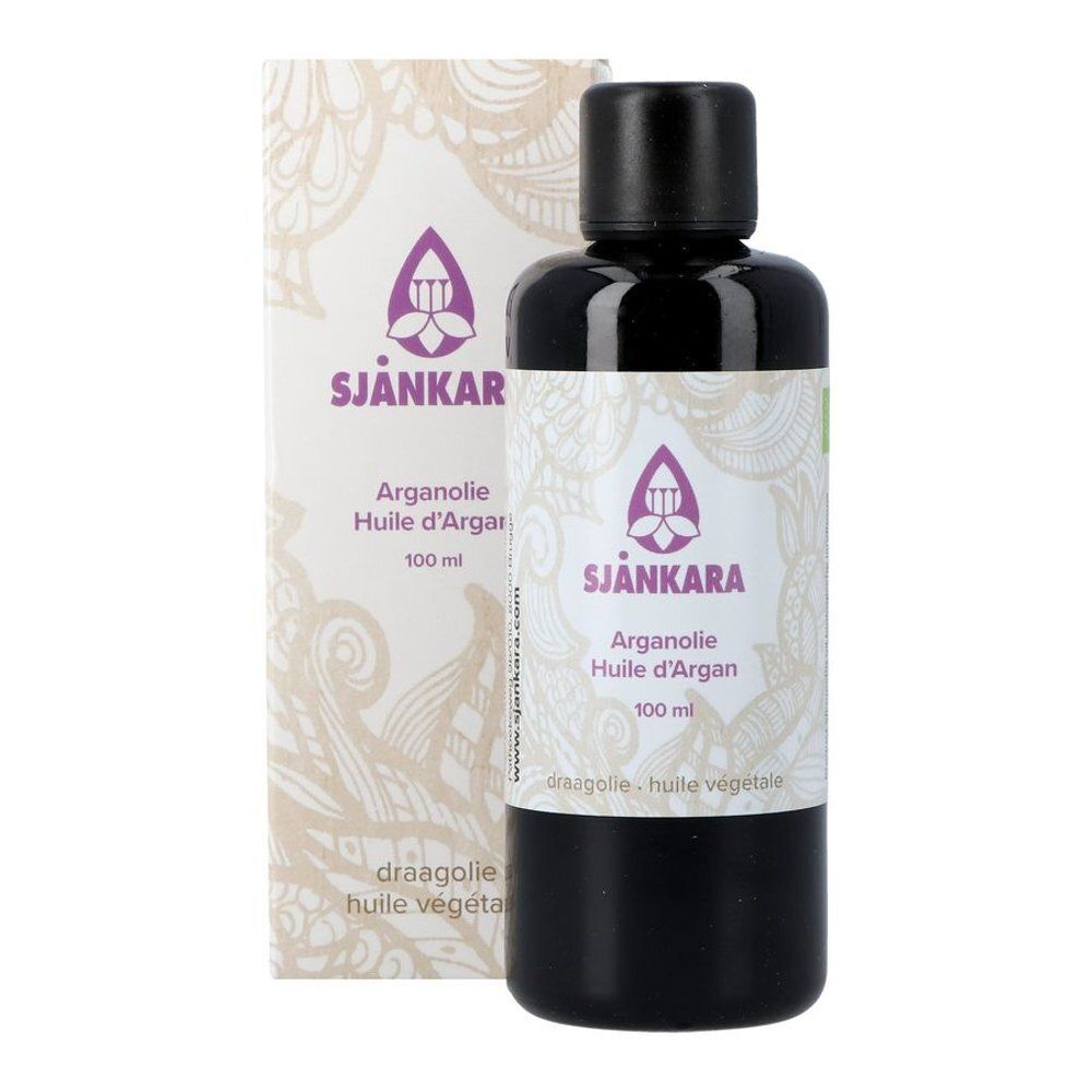 Productfles en verpakking. Fles met zwarte dop. Verpakking met logo en productinformatie. Arganolie Huile d'Argan. 100 ml.