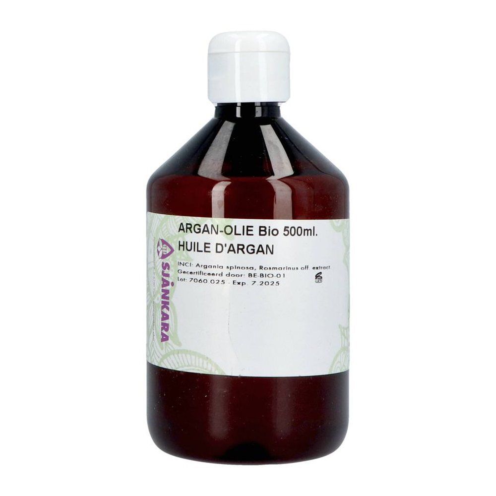Bruine fles met witte dop. Etiket met ARGAN-OLIE Bio 500ml. HUILE D'ARGAN. Merk SJANKARA.